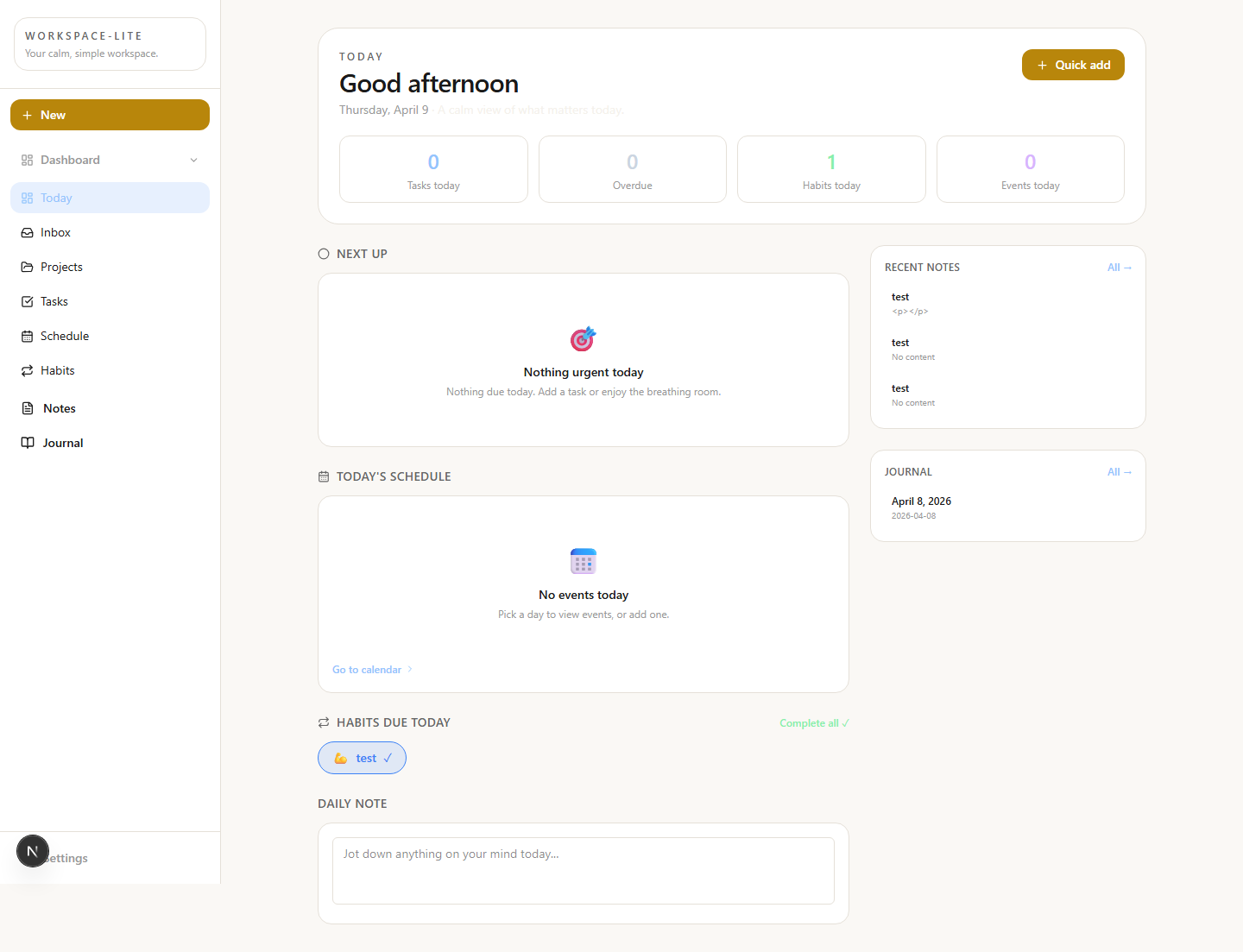 Workspace Lite dashboard preview